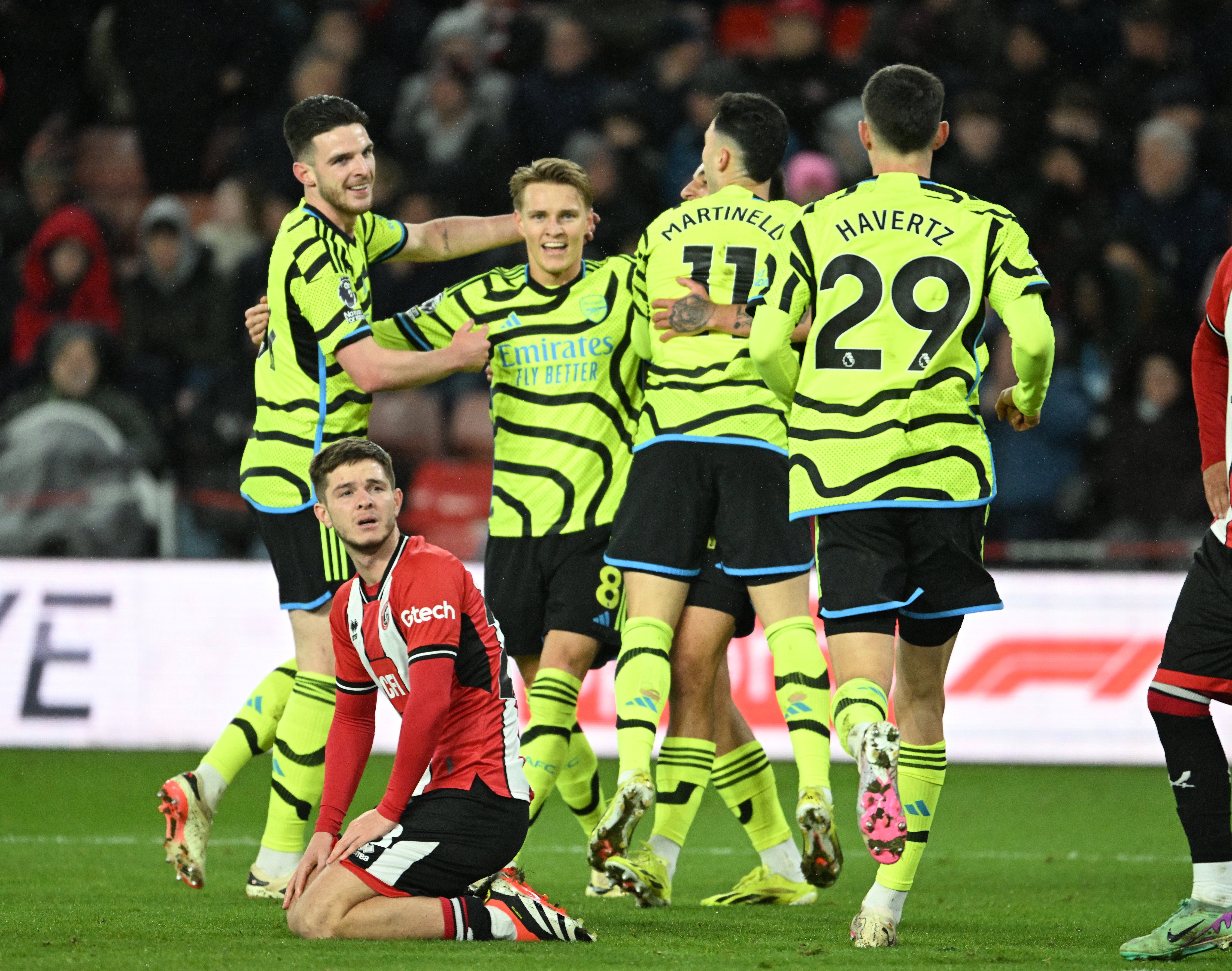The Gunners celebrate Gabriel Martinelli’s goal in the demolition of Sheffield United