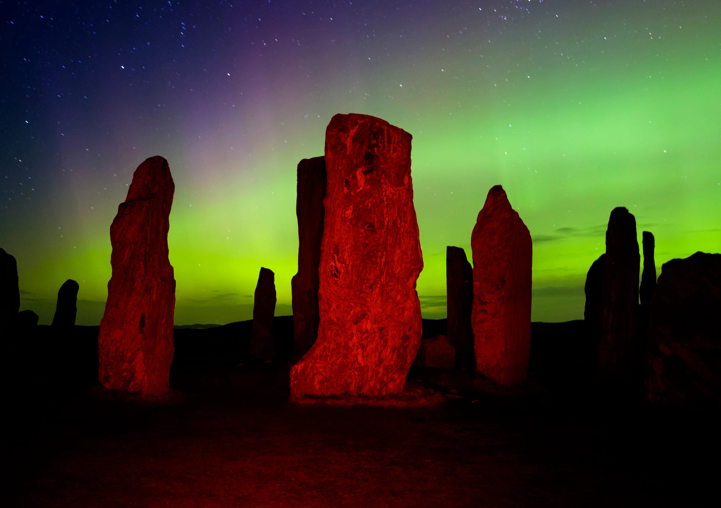 This is a stock photo of the northern lights over the famous Callanish Stones in Lewis