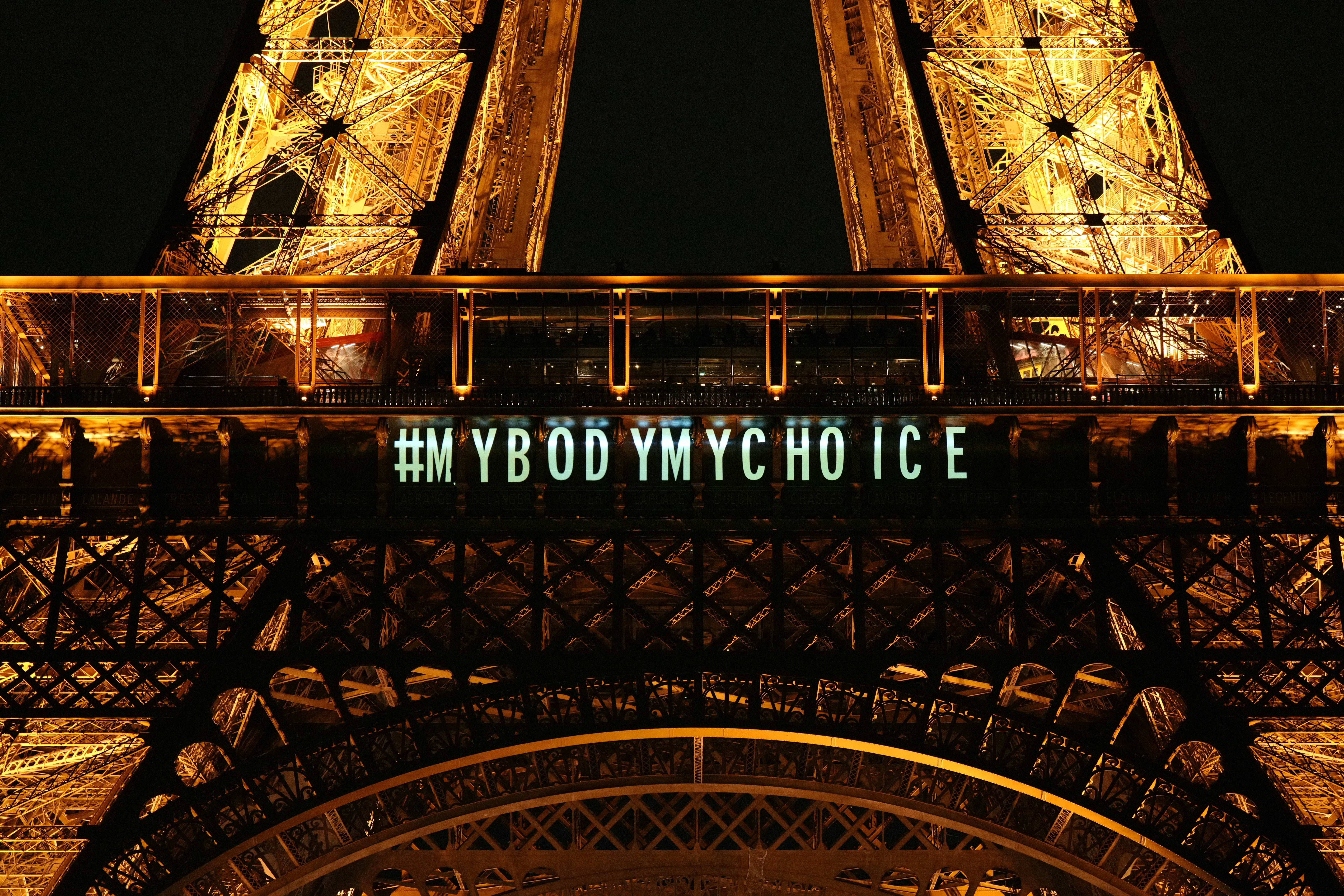 The Eiffel Tower is lit up with the message “My Body My Choice” after abortion vote