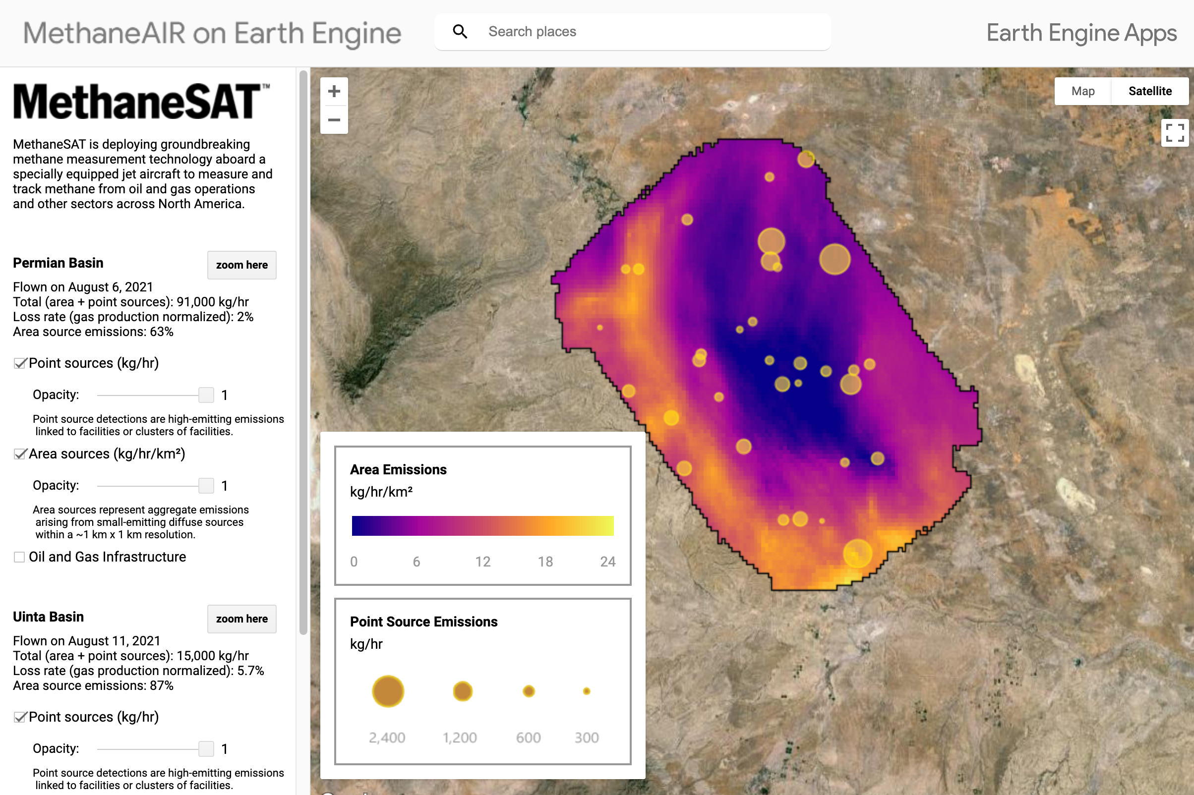 Sample MethaneSAT data shows area of methane leak on Google Earth