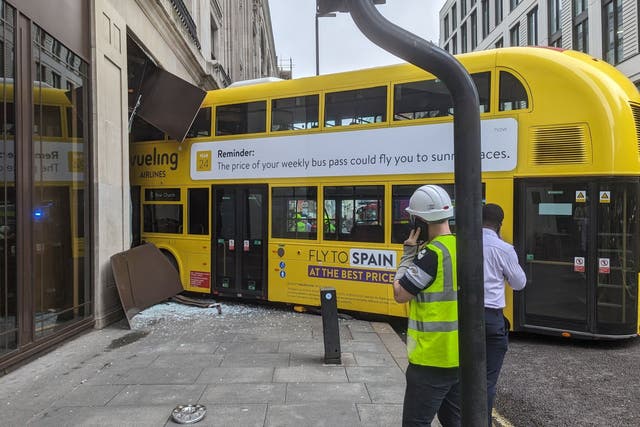 A double-decker bus crashed into a pub on New Oxford Street (@markarby/PA)