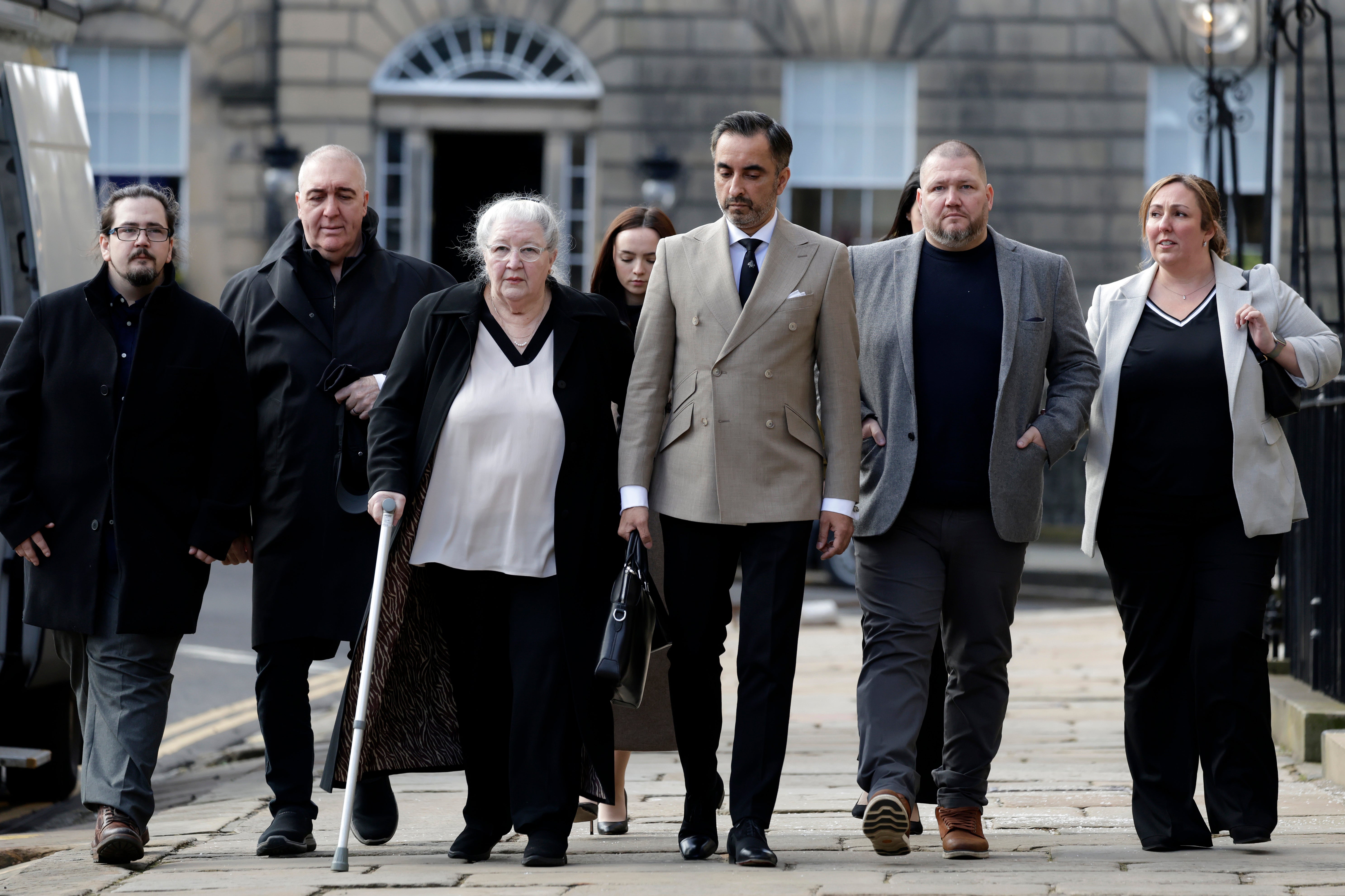 Emma Caldwell’s mother Margaret Caldwell along with her family and their lawyer, Aamer Anwar arrive at Bute House for a meeting with First Minister Humza Yousaf on Tuesday