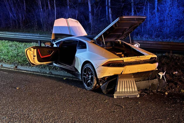 Two people were arrested after a Lamborghini driver failed to stop for police and then crashed (Derbyshire Constabulary/PA)