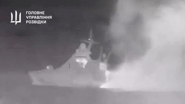 <p>Smoke rising from the patrol ship Sergey Kotov in Ukrainian footage </p>