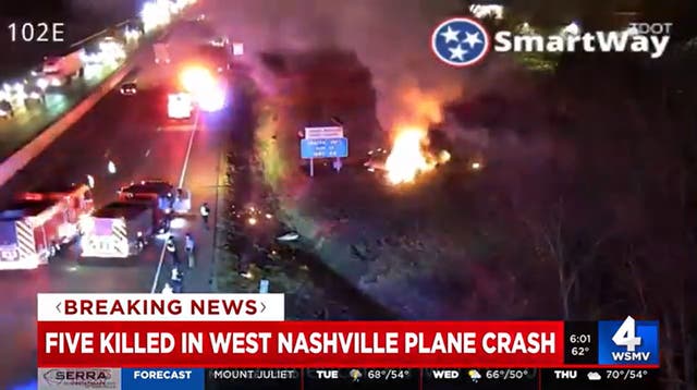 <p>Flames seen at the side of the I-40 in Nashville, Tennessee following a small plane crash on Monday 4 March 2024</p>