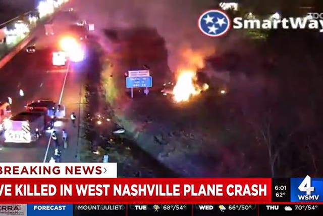 <p>Flames seen at the side of the I-40 in Nashville, Tennessee following a small plane crash on Monday 4 March 2024</p>