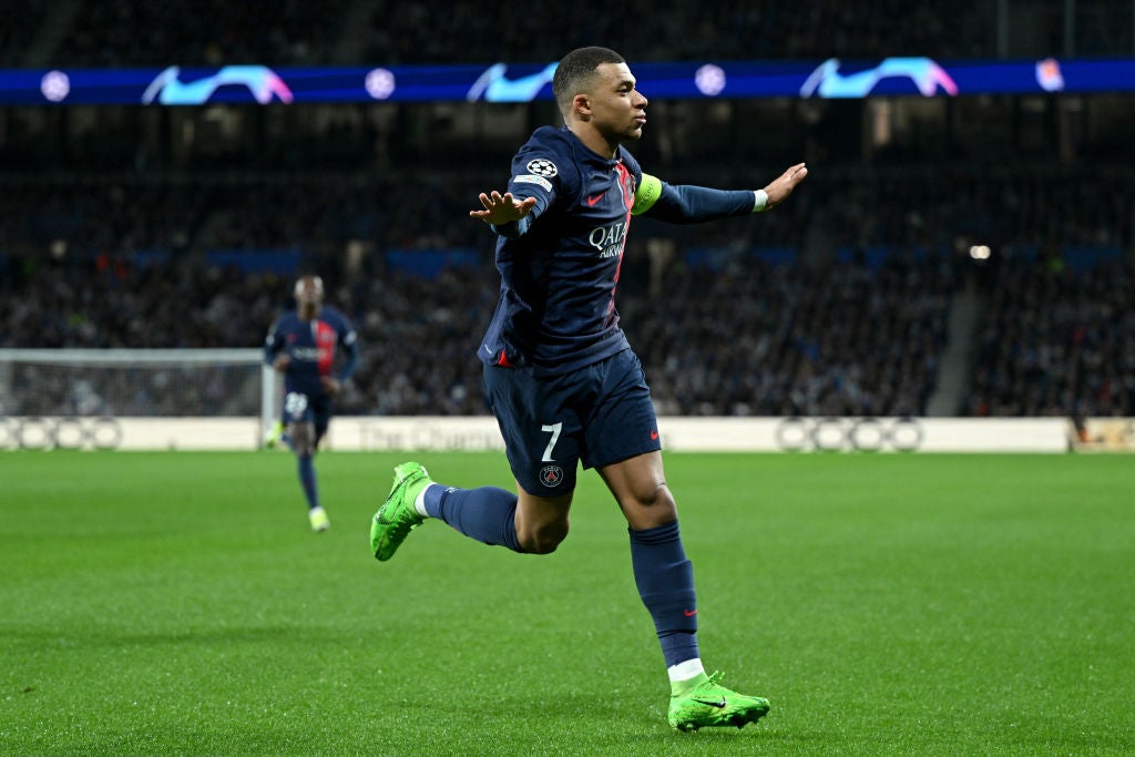 Mbappe celebrates after scoring the opening goal of the second leg
