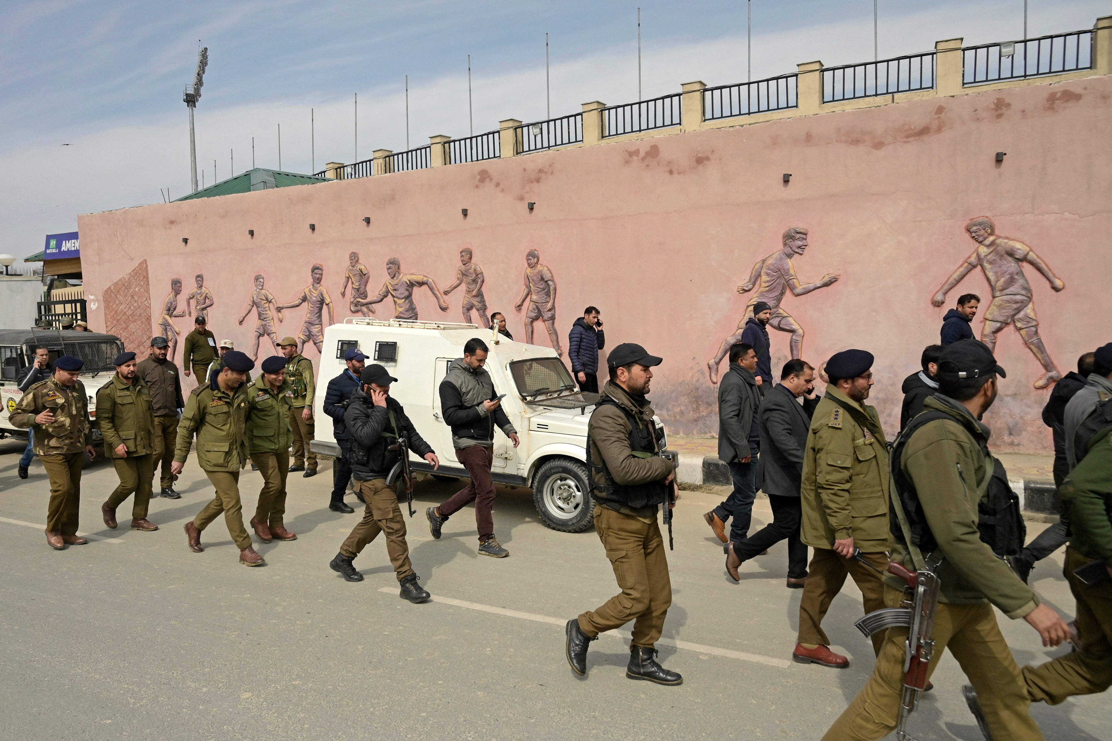 Indian security personnel patrol near the venue where India's Prime Minister Narendra Modi is scheduled to address