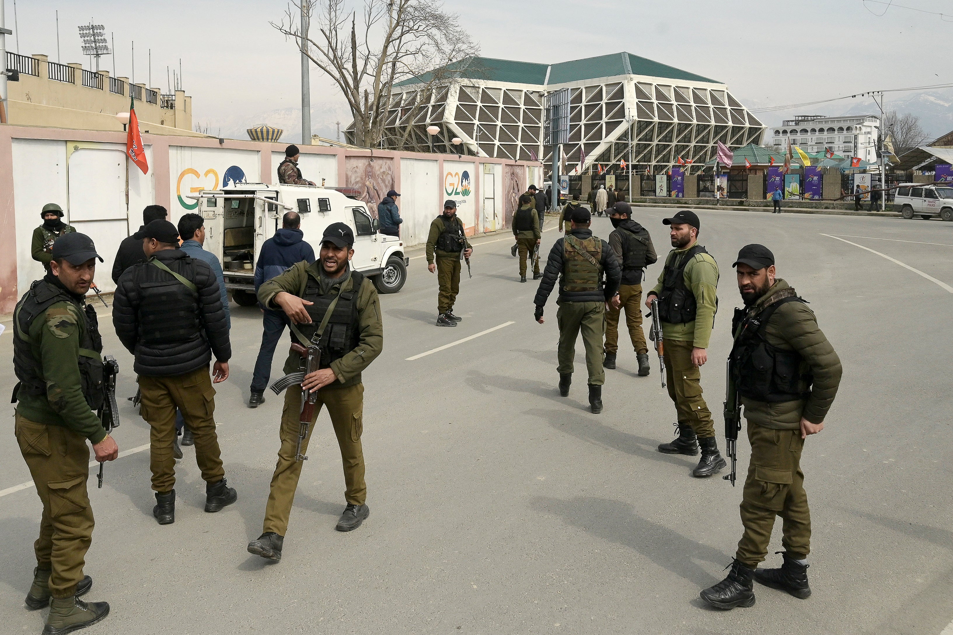 Security outside Bakshi Stadium in Srinagar where Narendra Modi is expected to address a rally