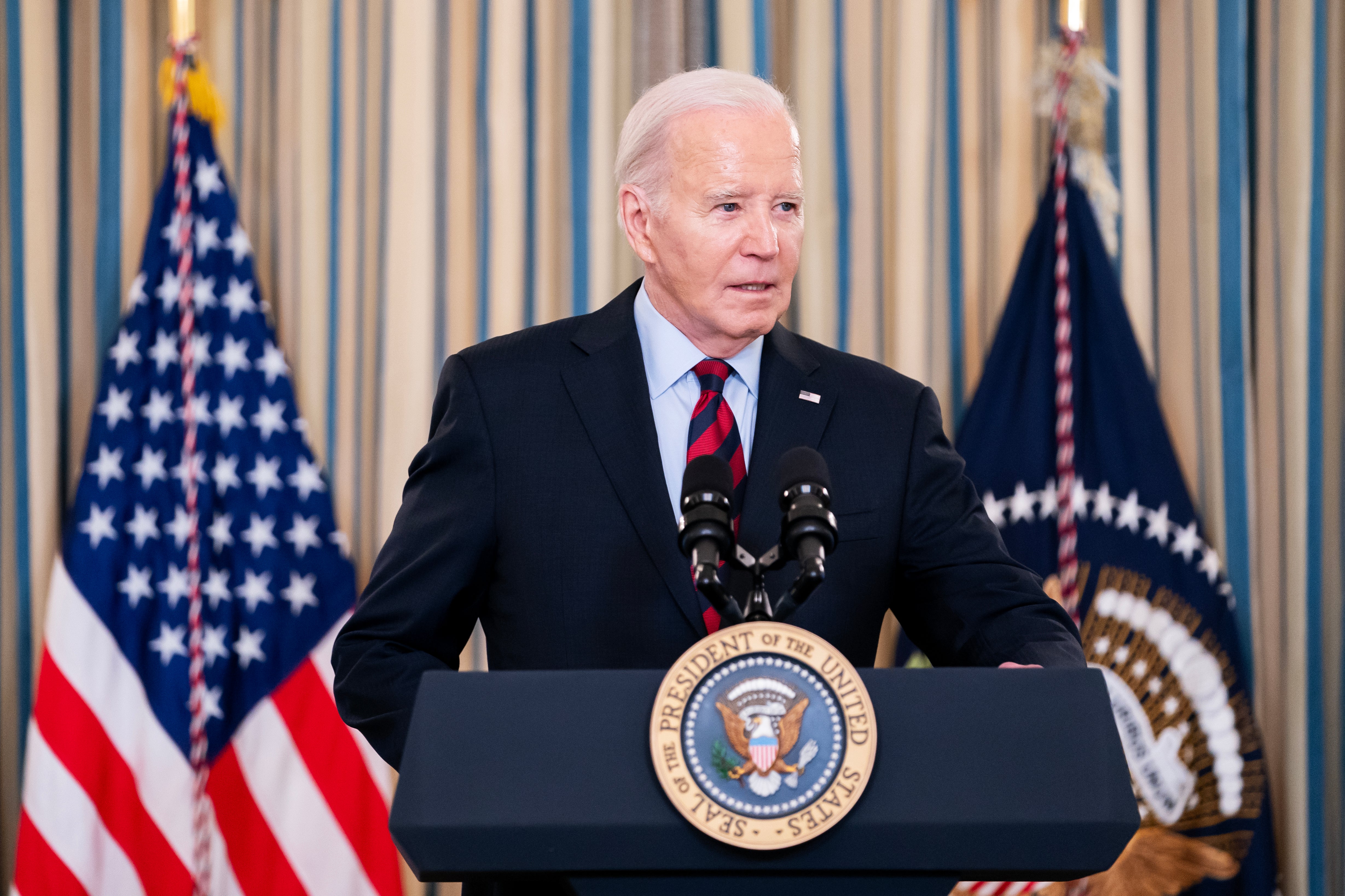 President Joe Biden speaks during a meeting with his Competition Council in the State Dining Room of the White House on 5 March 2024 in Washington DC
