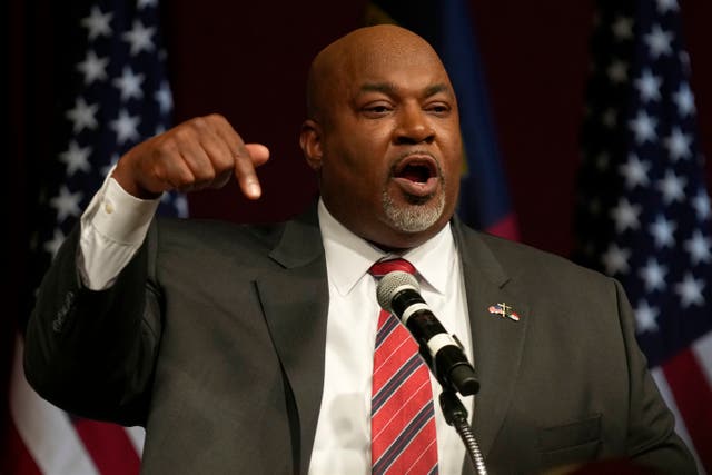 <p>North Carolina Lt. Gov. Mark Robinson speaks at an election night event in Greensboro, N.C., Tuesday, March 5, 2024</p>