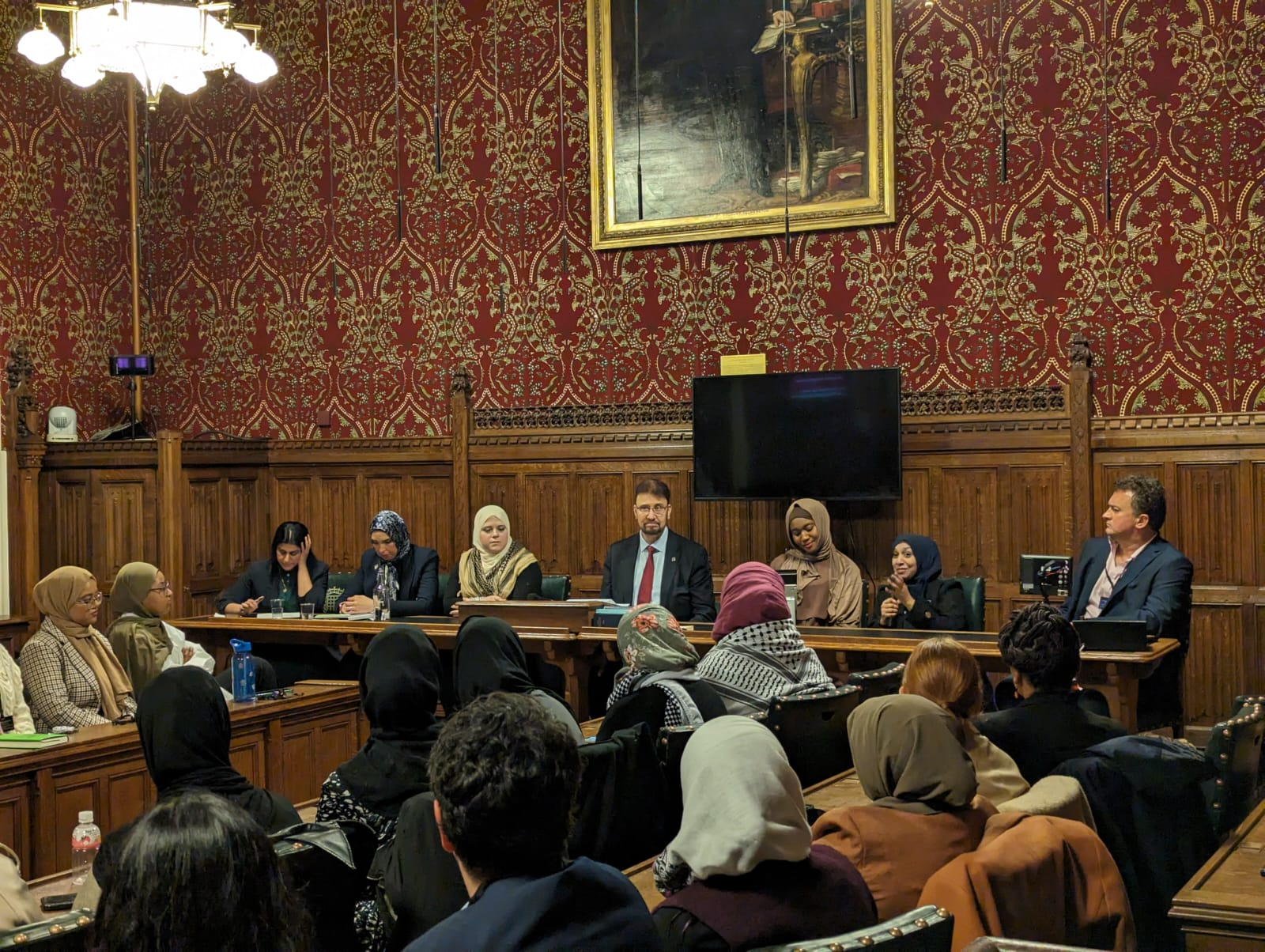 (L-R) Labour MP Shabana Mahmood; Asmaa Shuweikh, activist; Amna Abdullatif, award-winning national anti-racism campaigner; Labour MP Afzal Khan; Adama Juldeh Munu, award-winning journalist; Tasnim Nazeer, award-winning journalist and the first hijab-wearing TV reporter in Scotland; filmmaker Samir Mehanovi