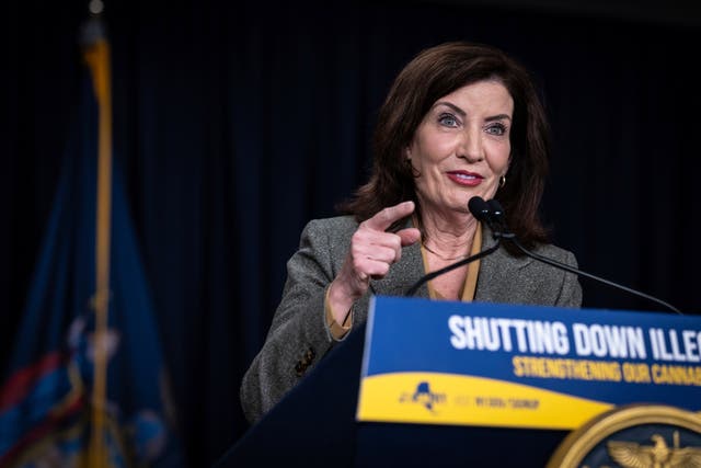 <p>New York Governor Kathy Hochul speaks at a press conference regarding the proliferation of illegal cannabis stores in February  </p>