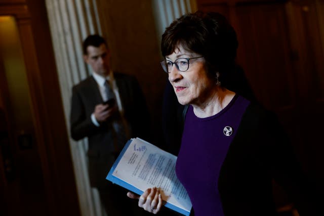 <p>Sen. Susan Collins (R-ME) walks to a luncheon with Senate Republicans at the U.S. Capitol Building on February 27, 2024 in Washington, DC</p>