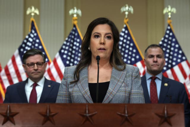 <p>House Republican Conference Chair Rep. Elise Stefanik (R-NY) speaks as U.S. Speaker of the House Rep. Mike Johnson (R-LA) (L) listens during a news conference at the Cannon House Office Building on Capitol Hill on March 6, 2024 in Washington, DC. </p>