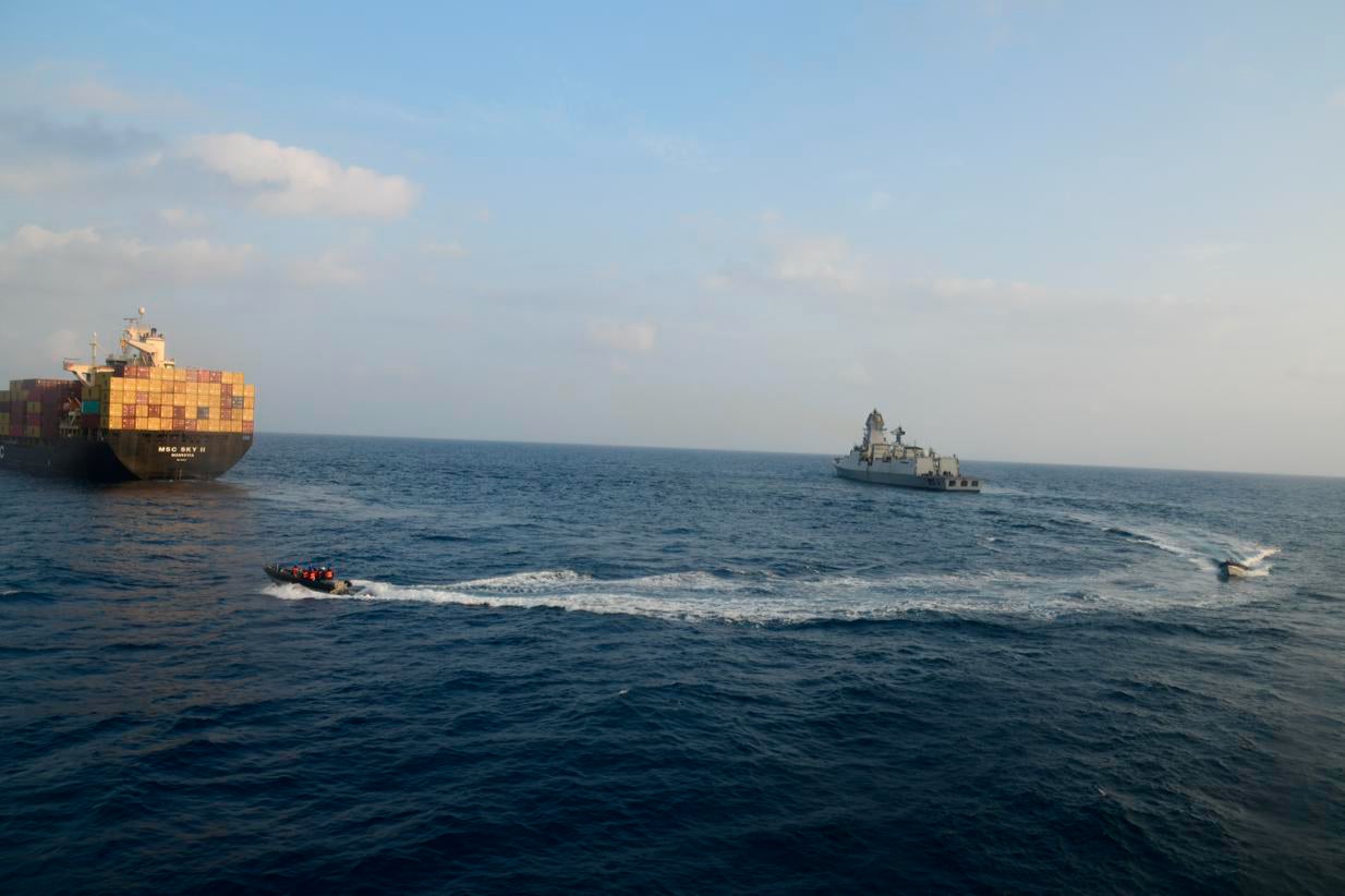 A firefighting team from Indian Navy vessel INS ‘Kolkata’ responding to a fire on Liberian-flagged merchant ship MSC ‘Sky II’