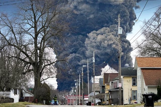 <p>A black plume rises over East Palestine, Ohio, as a result of the controlled detonation of a portion of the derailed Norfolk Southern trains Monday, Feb. 6, 2023</p>