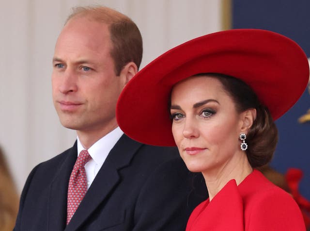 <p>FILE - Britain's Prince William, left, and Britain's Kate, Princess of Wales, attend a ceremonial welcome for the President and the First Lady of the Republic of Korea at Horse Guards Parade in London, England on Nov. 21, 2023</p>