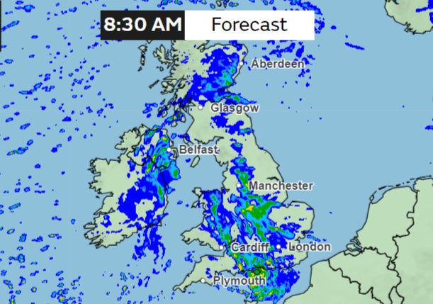 Rainfall forecast from Met Office shows rainfall in large parts of UK on Sunday morning