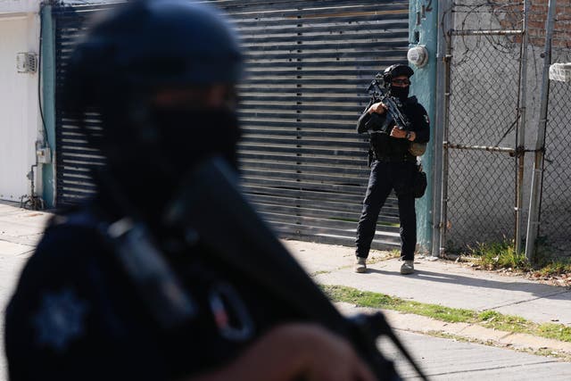 <p>Mexico Police Under Municipal police officers on patrol in a neighborhood of Celaya, Mexico</p>