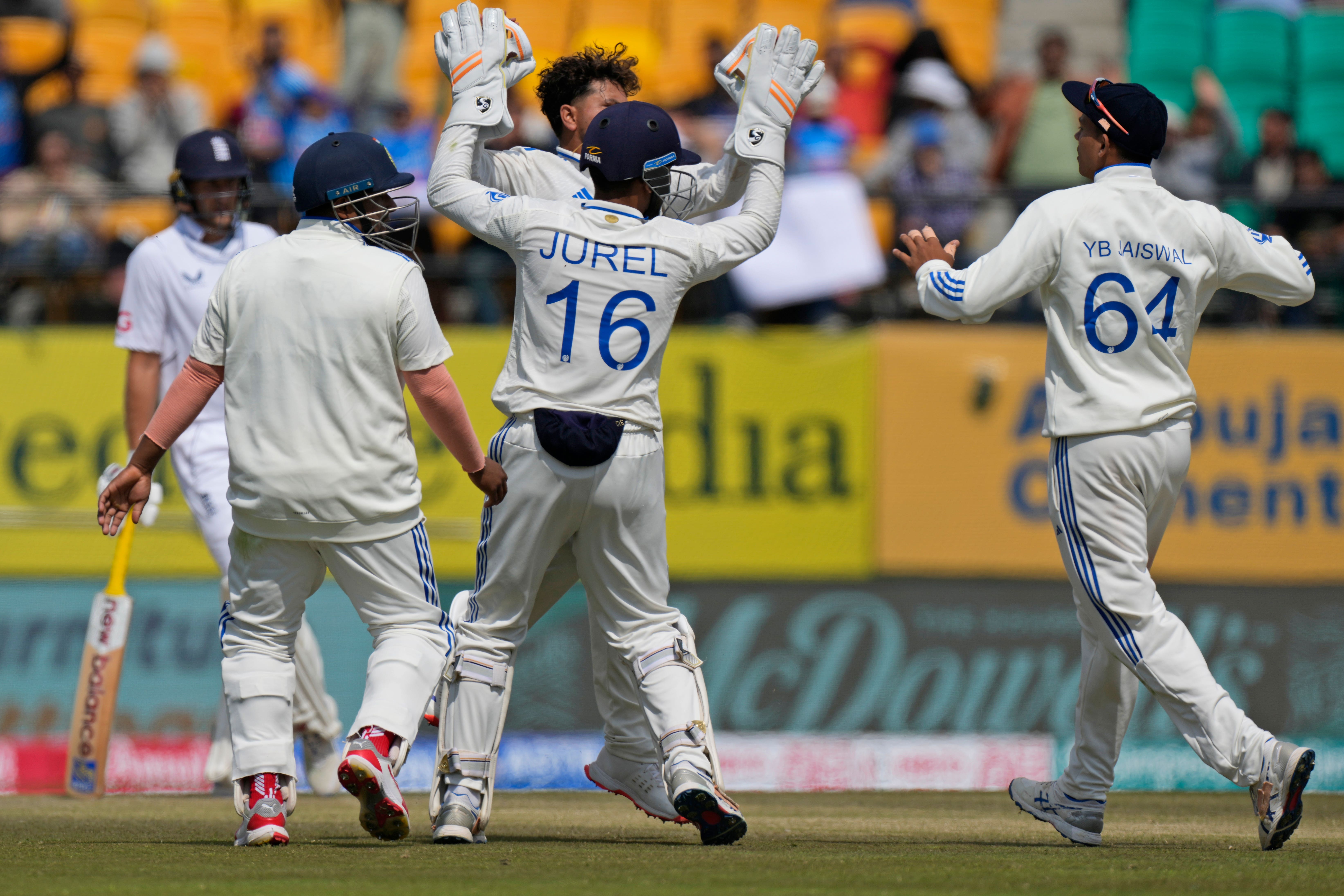 India celebrate the wicket of Jonny Bairstow (AP Photo/Ashwini Bhatia)