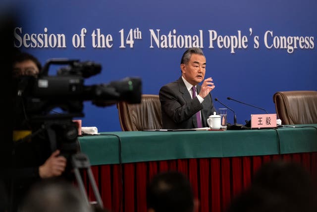 <p>Chinese Foreign Minister Wang Yi speaks during a press conference for domestic and foreign journalists as part of the National People's Congress and Two Sessions </p>