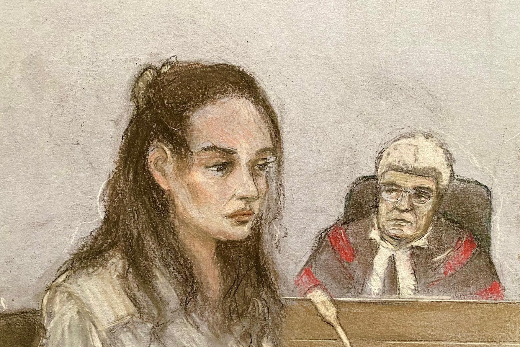 Court artist sketch of Constance Marten giving evidence at the Old Bailey