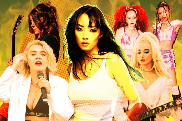 <p>From Rina Sawayama (centre) to Self Esteem (bottom left) and Nova Twins (top right), women are sharing their accounts of misogyny in the UK music industry</p>