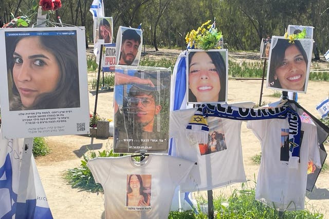<p>Paying tribute to some of those killed or kidnapped in the Hamas attack in Kfar Aza</p>