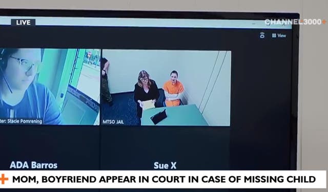 <p>Katrina Baur appears in court via video link as the search continues for her son Elijah Vue</p>