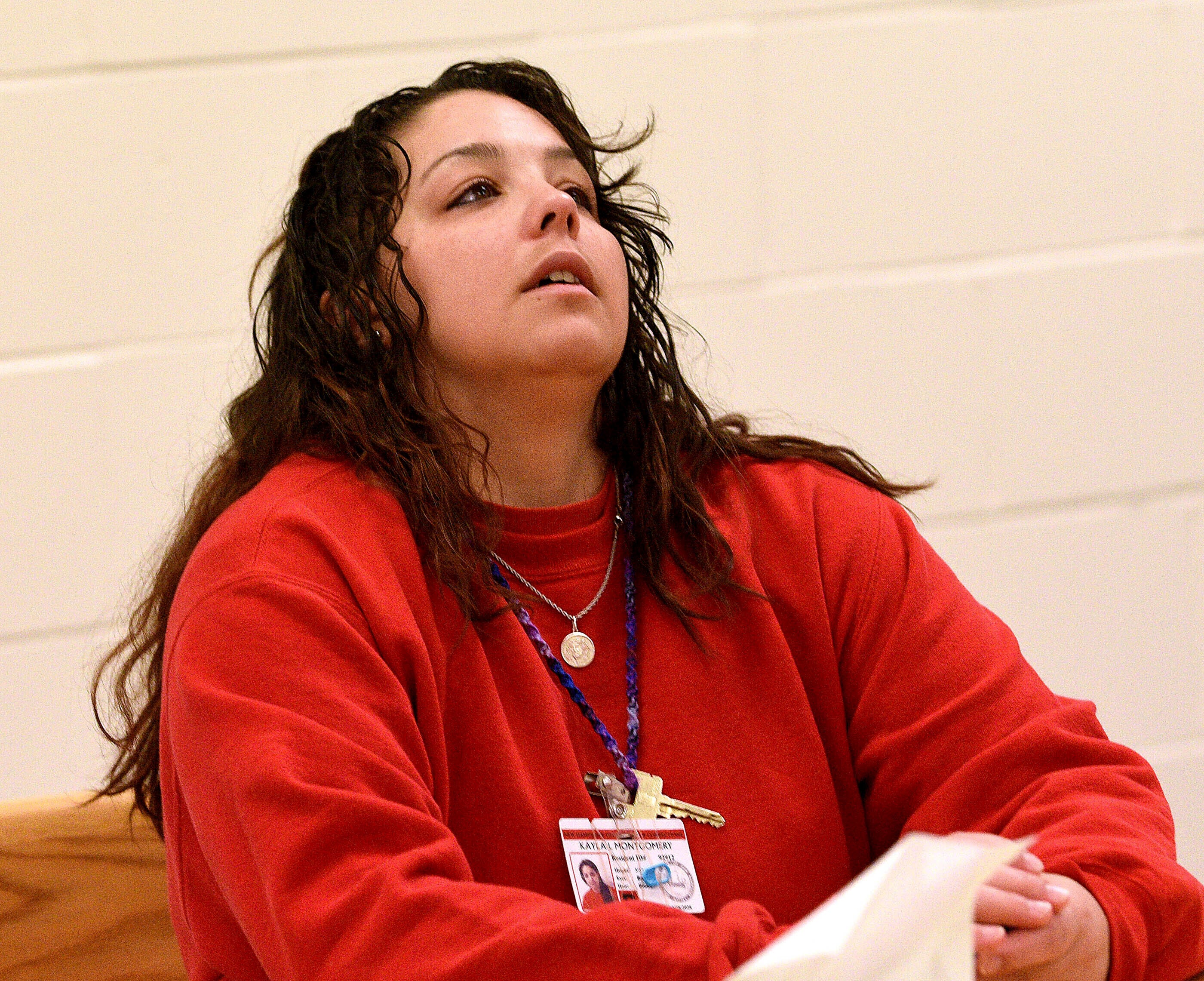 Kayla Montgomery at a parole board hearing in March