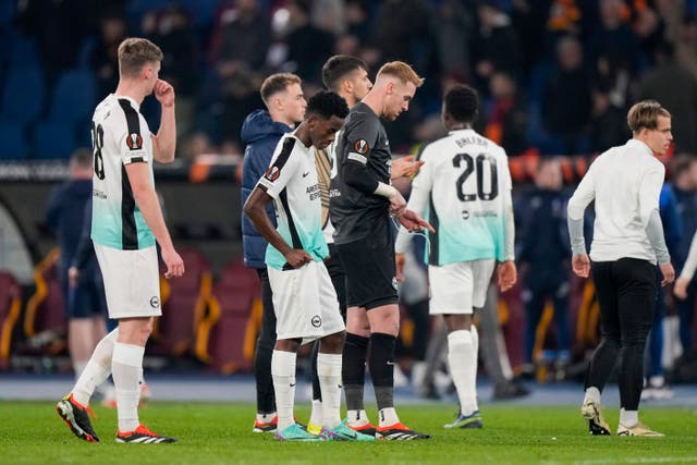 Brighton’s players react disappointed after the Europa League round of sixteen first leg soccer match between Roma and Brighton and Hove Albion, at Rome’s Olympic Stadium, Thursday, March 7, 2024. Roma won 4-0. (AP Photo/Andrew Medichini)
