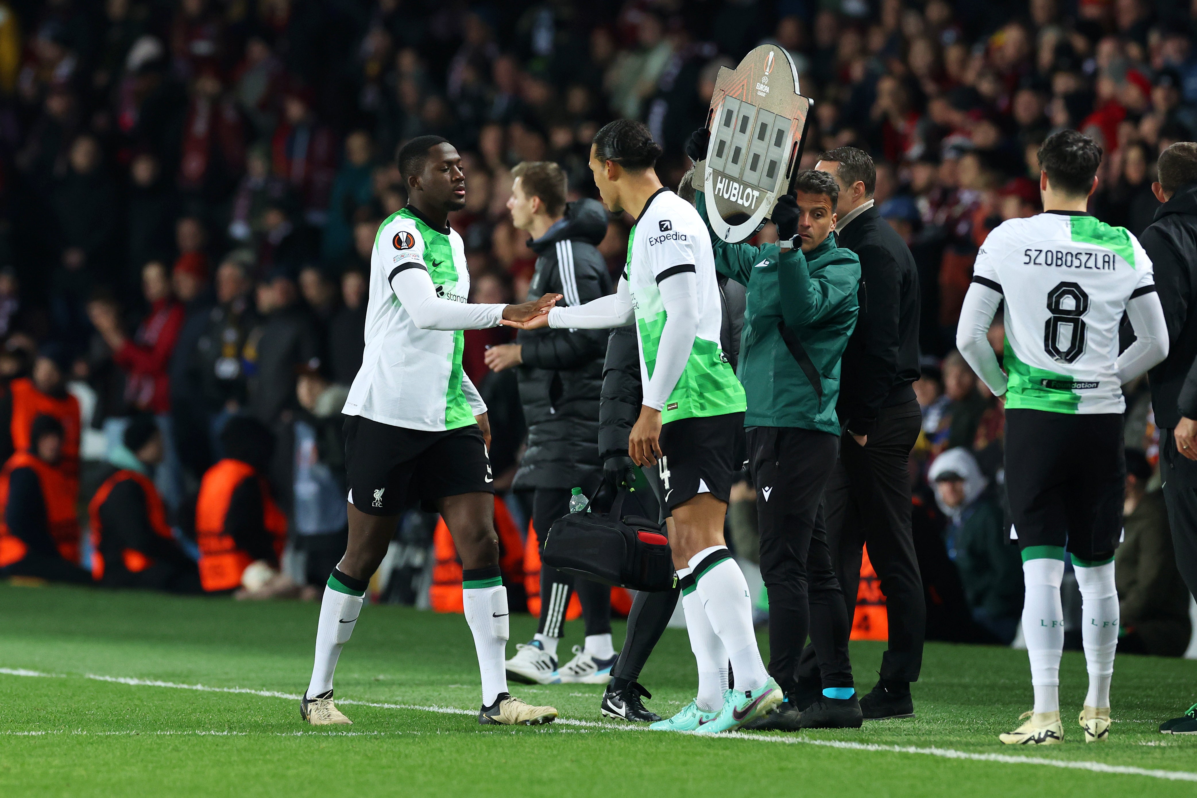 Ibrahima Konate had to be subbed off after a knock which adds to Liverpool’s injury crisis