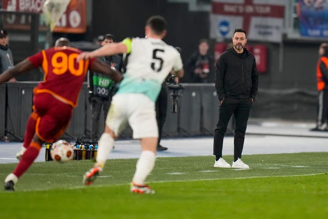 Roberto De Zerbi watched Brighton suffer a 4-0 loss at Roma (Alessandra Tarantino/AP/PA)