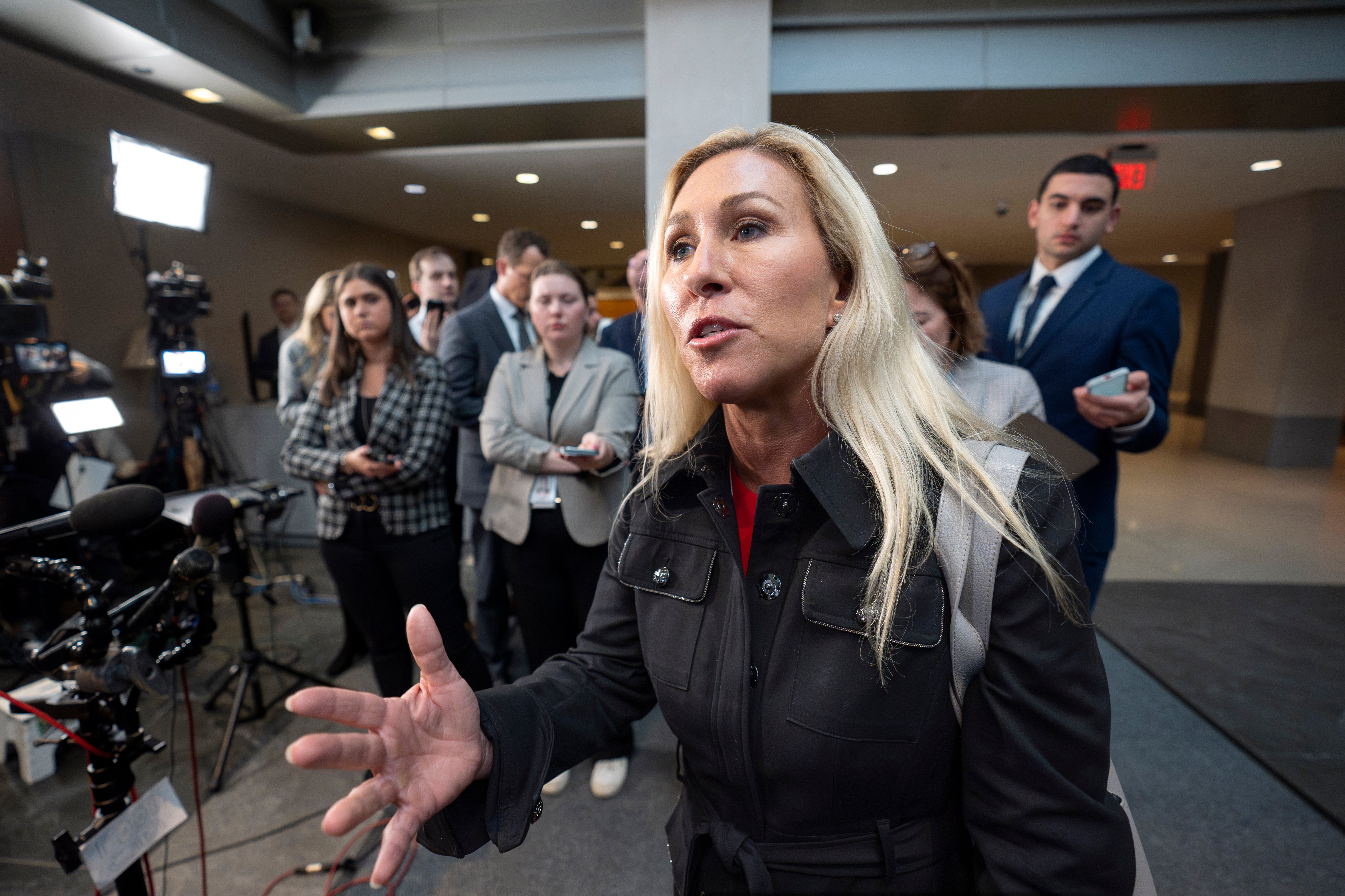 <p>ep. Marjorie Taylor Greene, R-Ga., a member of the House Oversight and Accountability Committee, speaks with reporters at the O'Neill House Office Building following a closed-door deposition with Hunter Biden, son of President Joe Biden, on Capitol Hill in Washington, Wednesday, Feb. 28, 2024</p>