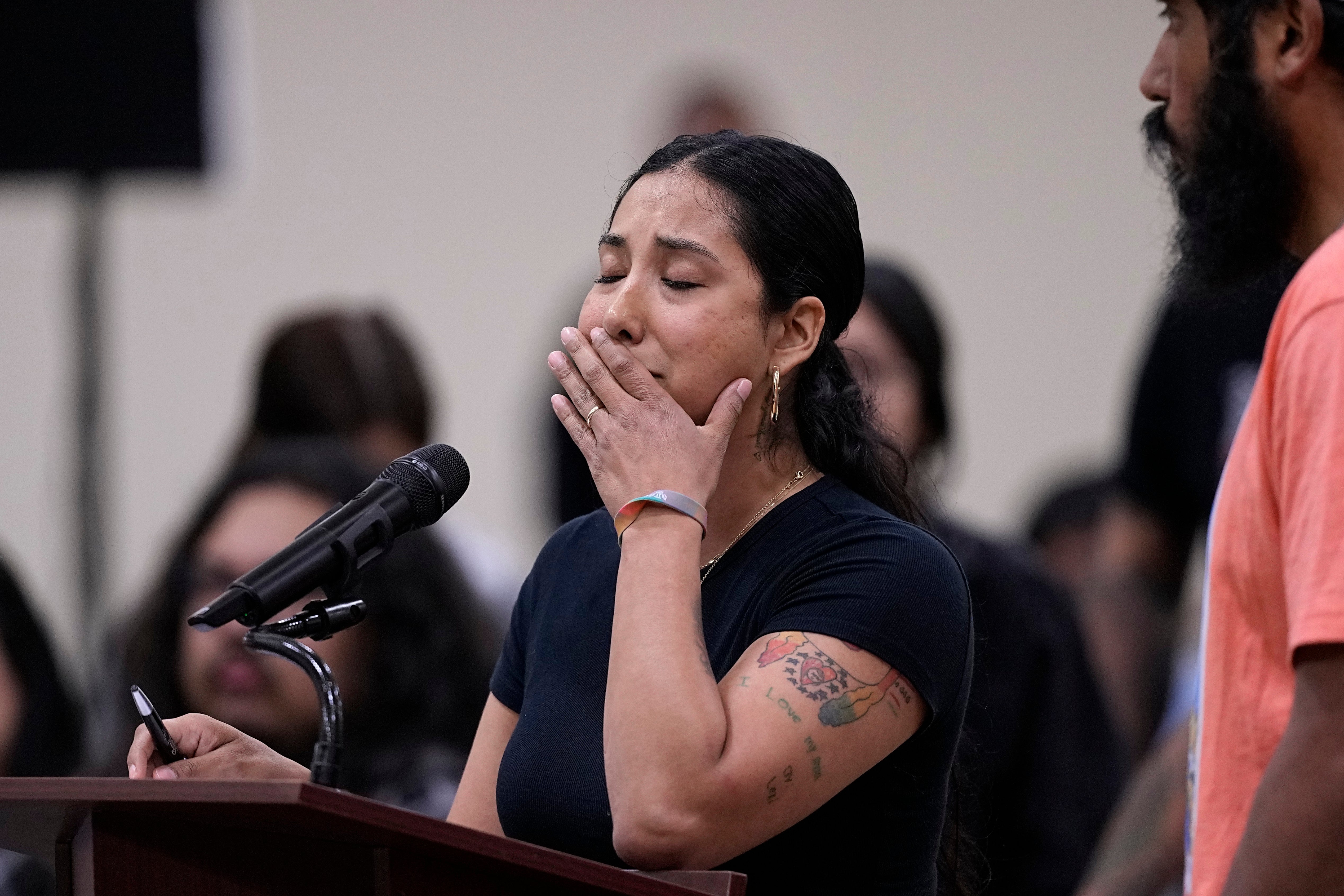 Kimberly Rubio, who’s daughter Lexi was among 19 children killed in the massacre at Robb Elementary, speaks at a special city council meeting in Uvalde, Texas, 7 March 2024