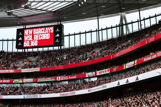 Arsenal have spearheaded a rise in WSL attendances (Rhianna Chadwick/PA)
