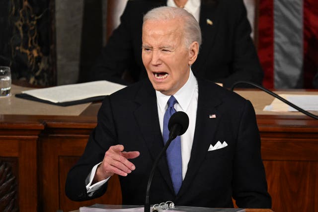 <p>US President Joe Biden delivers the State of the Union address in the House Chamber of the US Capitol in Washington DC on 7 March 2024</p>