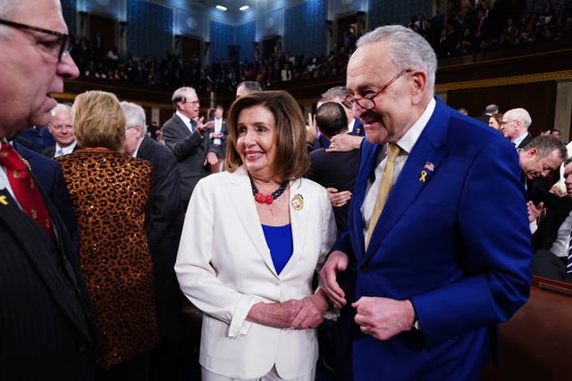<p>Rep. Nancy Pelosi, D-Calif., center, and Senate Majority Leader Chuck Schumer, D-N.Y., right, speak before President Joe Biden delivers the State of the Union address to a joint session of Congress at the Capitol, Thursday, March 7, 2024, in Washington</p>