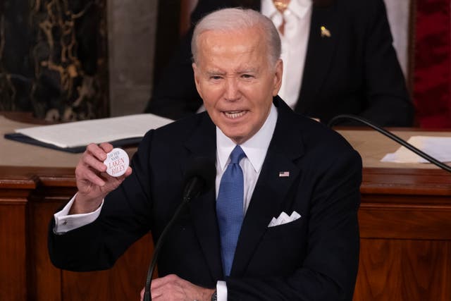 <p>US President Joe Biden holds a pin referring to slain Georgia student Laken Riley; while delivering his State of the Union address before a joint session of Congress on the floor of the US House of Representatives, on Capitol Hill in Washington, DC</p>