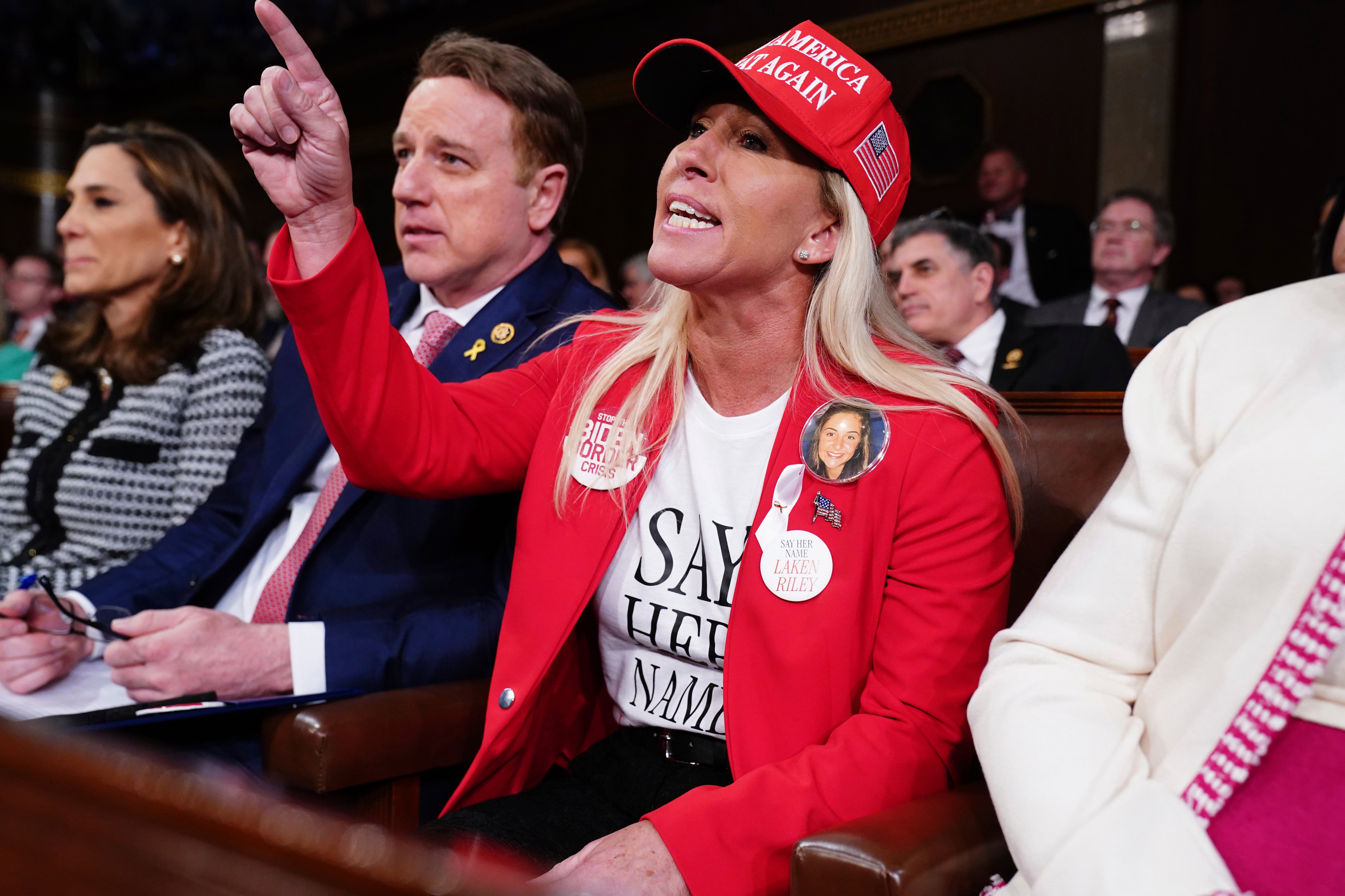 Marjorie Taylor Greene pictured at the State of the Union 2024