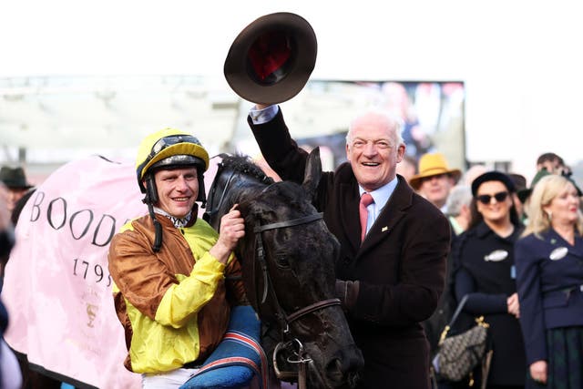 <p>Jockey Paul Townend and trainer Willie Mullins with Galopin Des Champs after their 2023 Gold Cup win </p>