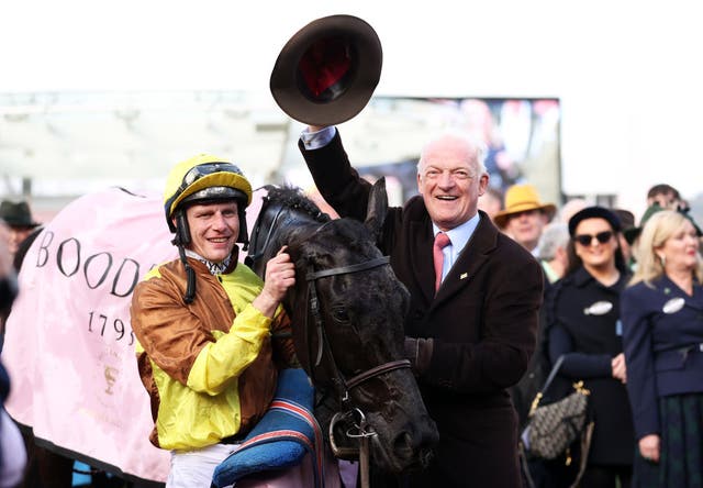 <p>Jockey Paul Townend and trainer Willie Mullins with Galopin Des Champs after their 2023 Gold Cup win </p>