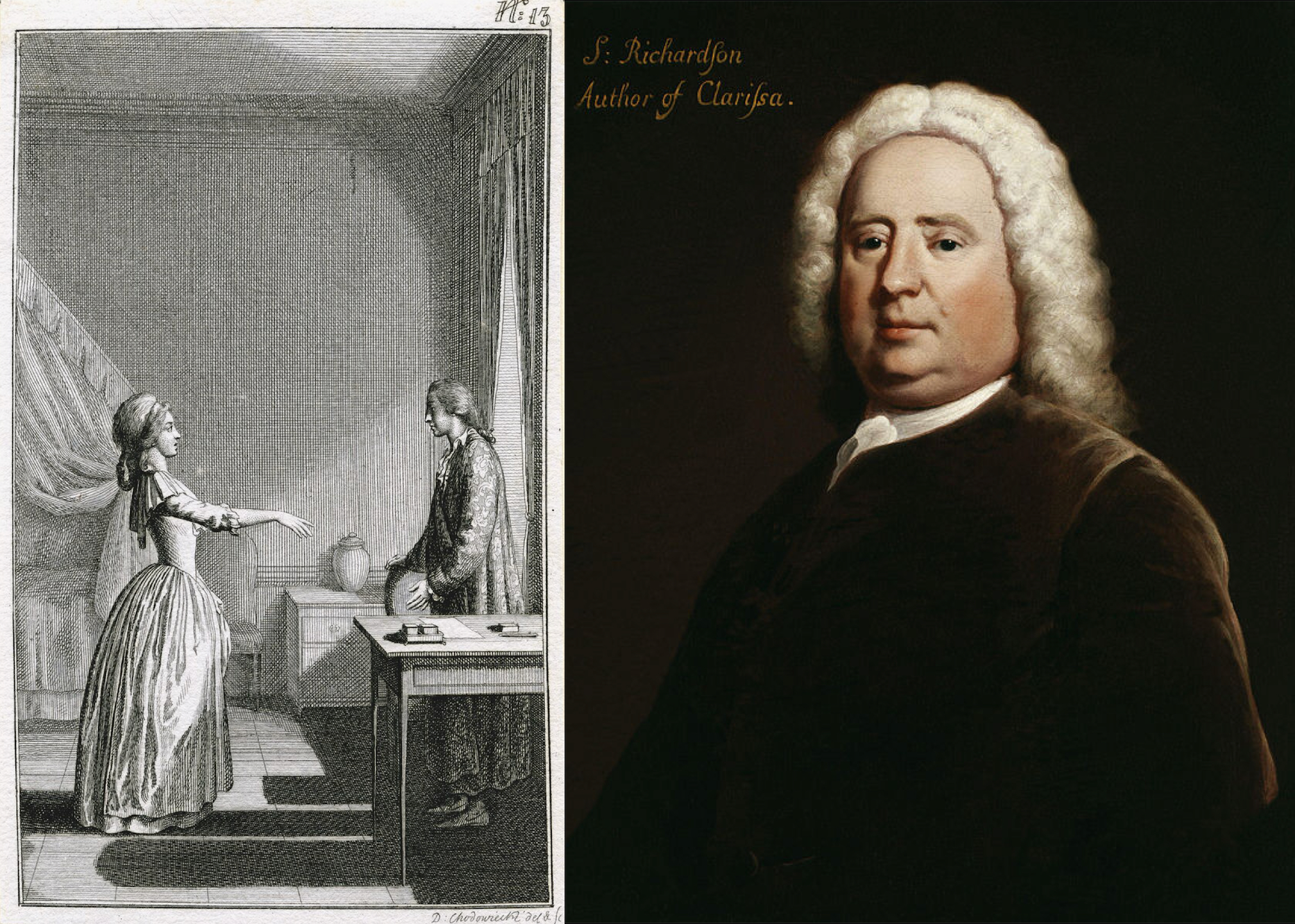 Portrait of Samuel Richardson, 1750, by Joseph Highmore, and an illustration from an 1800 French edition, where ‘Clarissa stands before Lovelace’, by Daniel Chodowiecki