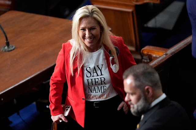 <p>Congresswoman Marjorie Taylor Greene, in a shirt referencing the murder of Laken Riley, during President Biden’s State of the Union address in March </p>