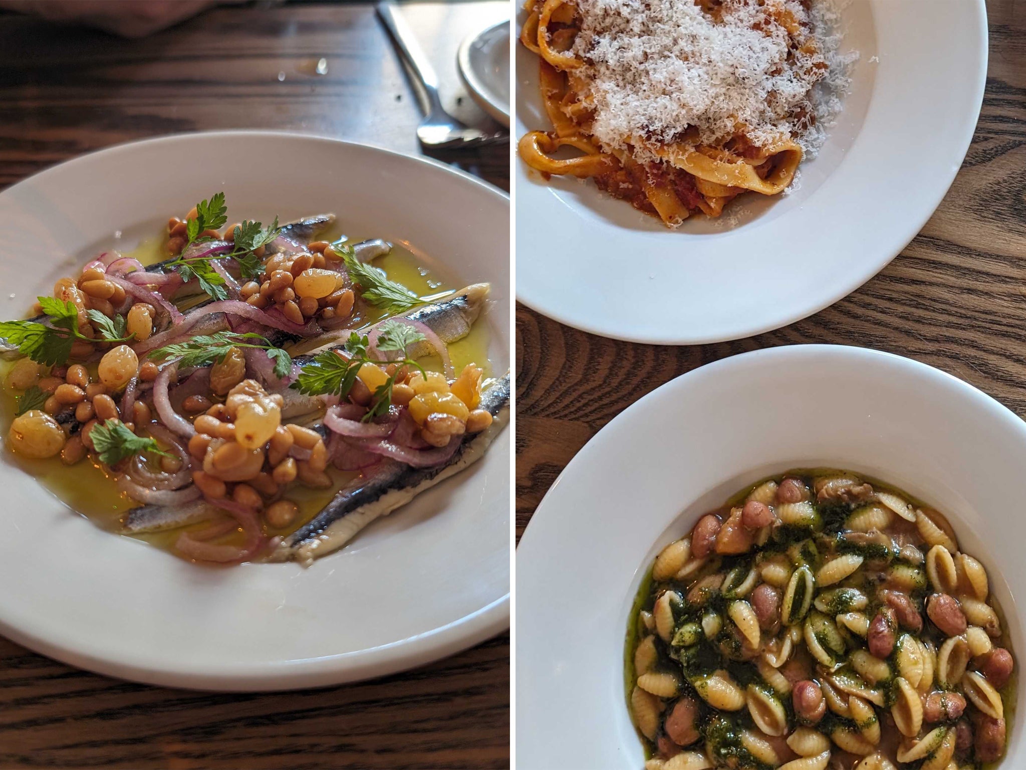 White anchovies in saor; pasta e fagioli and tonnarelli all’Amatriciana