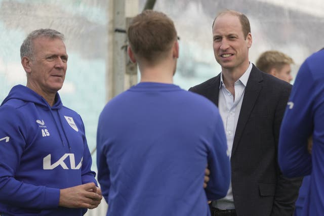 The Prince of Wales with Director of Cricket at the Oval cricket ground Alec Stewart (Kin Cheung/PA)