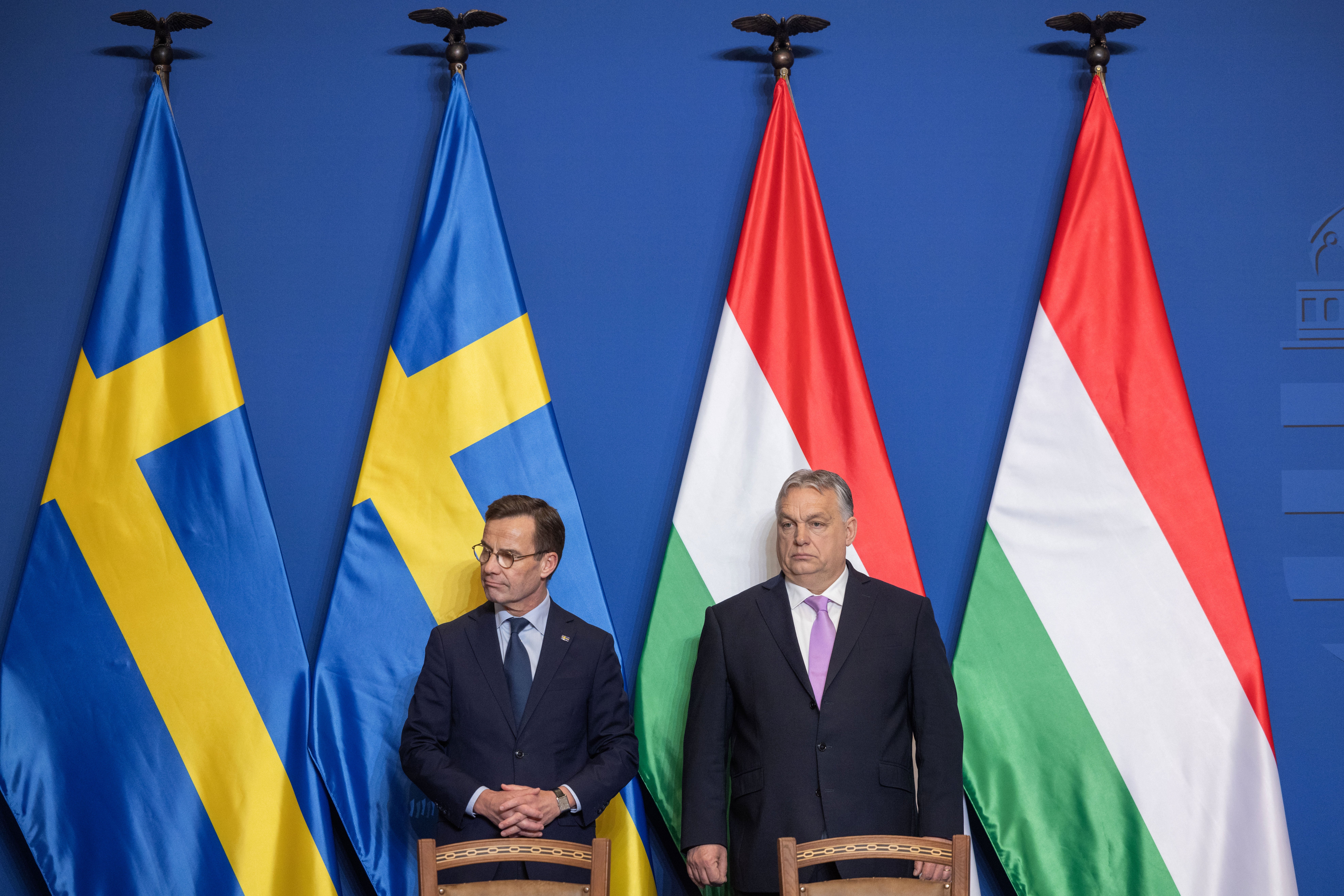 BUDAPEST, HUNGARY - FEBRUARY 23: Hungary's Prime Minister Viktor Orban (R) and Swedish Prime Minister Ulf Kristersson (L) hold a press conference following their meeting in February 23, 2024 in Budapest, Hungary. The meeting comes as Hungary's ruling party has indicated it's prepared to ratify Sweden's accession to NATO. After Turkey dropped its objection, Hungary remained the only NATO member to oppose Sweden's bid, which was launched in the wake of Russia's large-scale invasion of Ukraine. (Photo by Janos Kummer/Getty Images)