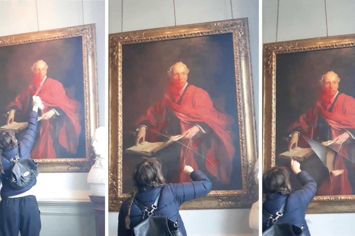 Pro-Palestine activist defaces portrait of politician who paved way for  Israel | The Independent