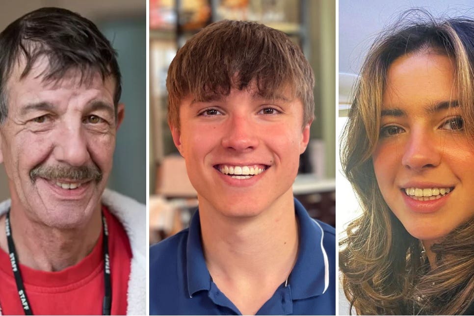 Students Barnaby Webber, centre, and Grace O’Malley-Kumar, right, both aged 19, and school caretaker Ian Coates, left, 65, were all victims of the attack